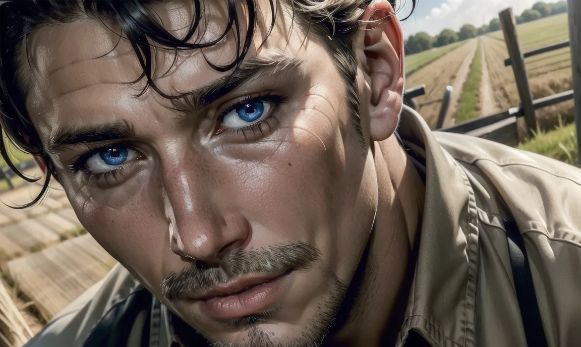 [((highly detailed, detailed eyes, detailed face, clear and realistic facial features, photorealistic, realistic light, cinematic)), (1 man), Mark is a handsome and alluring slender but muscular male farmer father middle-aged mature with short blond hair and a neat moustache and blue eyes and weathered skin wearing a flannelette shirt, ((aged 45)), ((weathered skin)), ((((Mark has a seductive smirking look on his face and a slight blush on his cheeks)))), (((middle-aged slender southern farmer))), There is a charming yet dry southern farm in the background, (((looking at the camera with a seductive alluring expression)))]