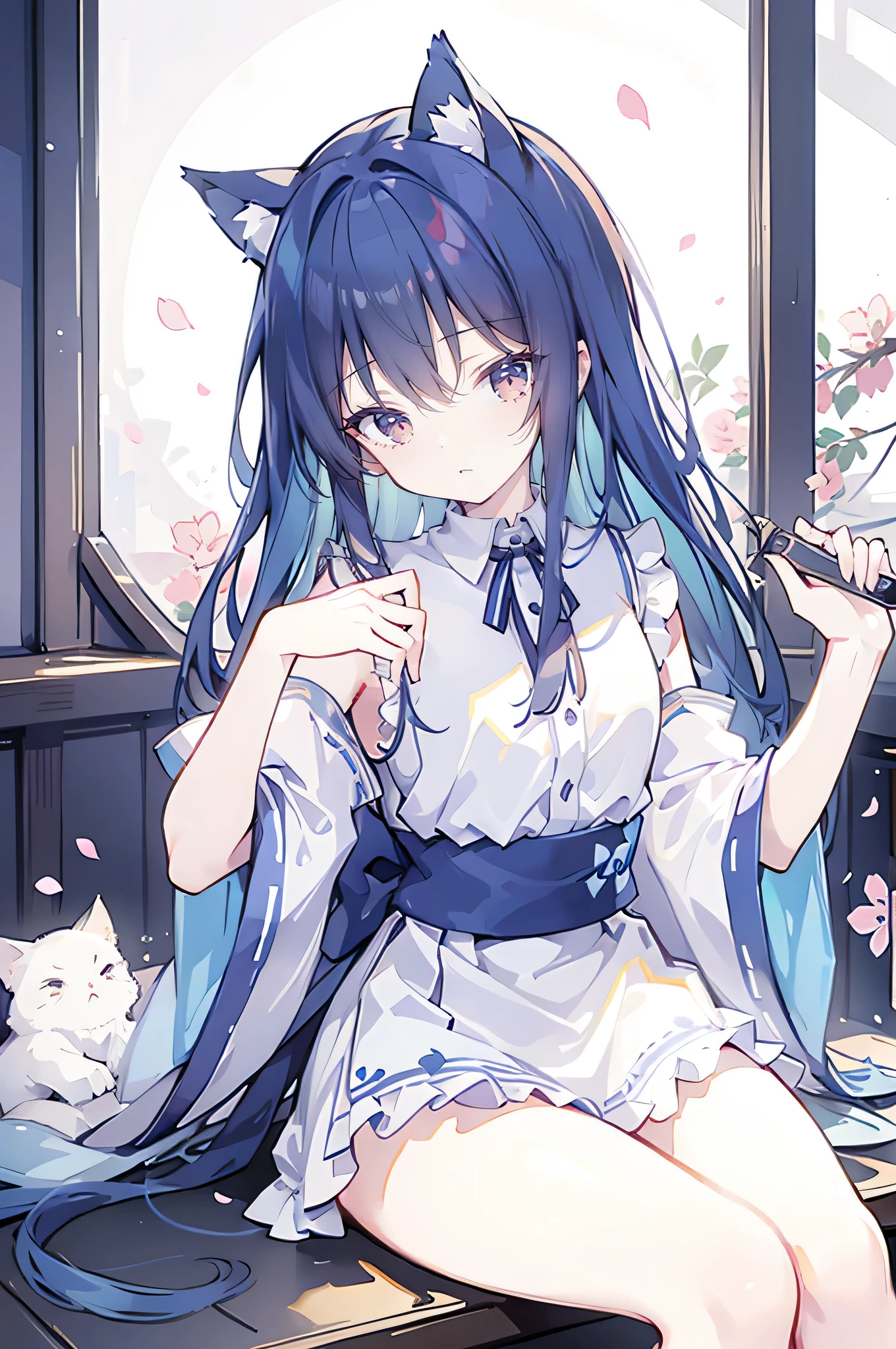 (masterpiece:1.2),Super detailed,lifelike,Expressive eyes,fair skin,perfect face shape,1 girl,
Japanese comics,Gorgeous blue hair,flowing blue hair,flowing clothes,Cat ears,Petals fall,beautiful lola,Baby Angel,
Shaking head with one hand,Cross your legs,,The pavilion is cool and comfortable,smile,back views,sunrise,Petals fall,sunrise,sitting on window sill drinking coffee and looking out the window。