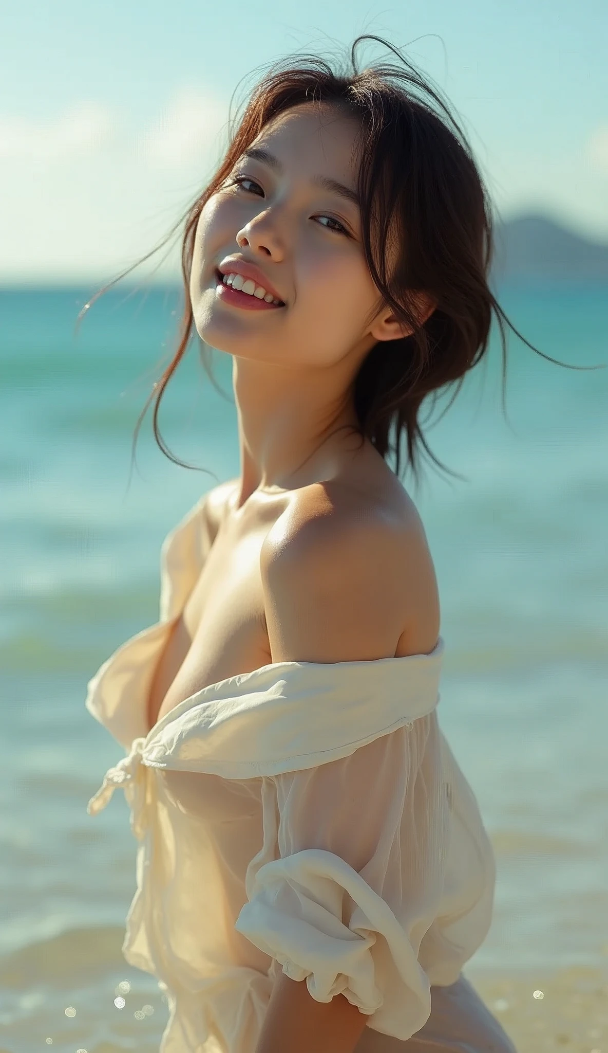 8k,RAW photo, ultra high res, realistic photo, Under bright sunlight, featuring a skinny young Japanese singer not wearing makeup and very small breast, with pixie brown hair, sun tanned skin, leaning backward in the blue sea, wearing a low-cut white airy relaxing wet long shirt, she is soaking up to her waist, looking at camera, the collar of shirt slipped down from one side, leaving her chest loose. her nipples slightly visible through the shirt, seducing smile, nsfw