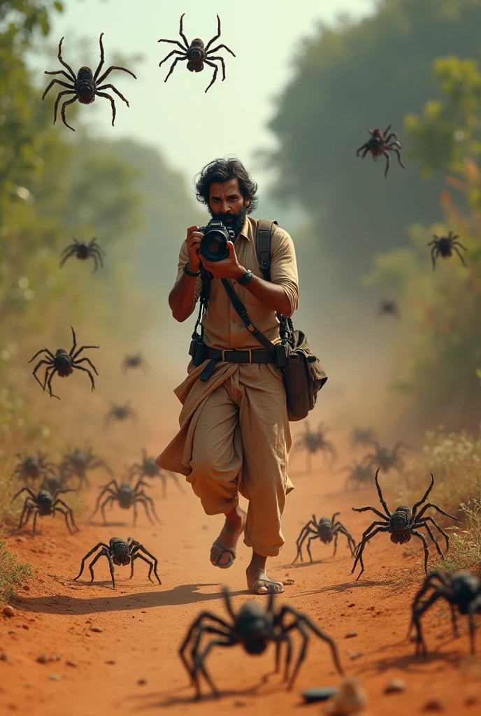 Indian photographer on road clicking pics where spiders attacking on human