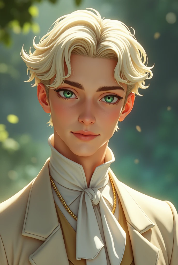 Man in his 20s, Soft platinum blonde hair, light green eyes, lazy and sexy eyes, A handsome man with fair and beautiful skin, Nobility, Holy Appearance, bust, expressionless, Aristocratic attire, animated movie