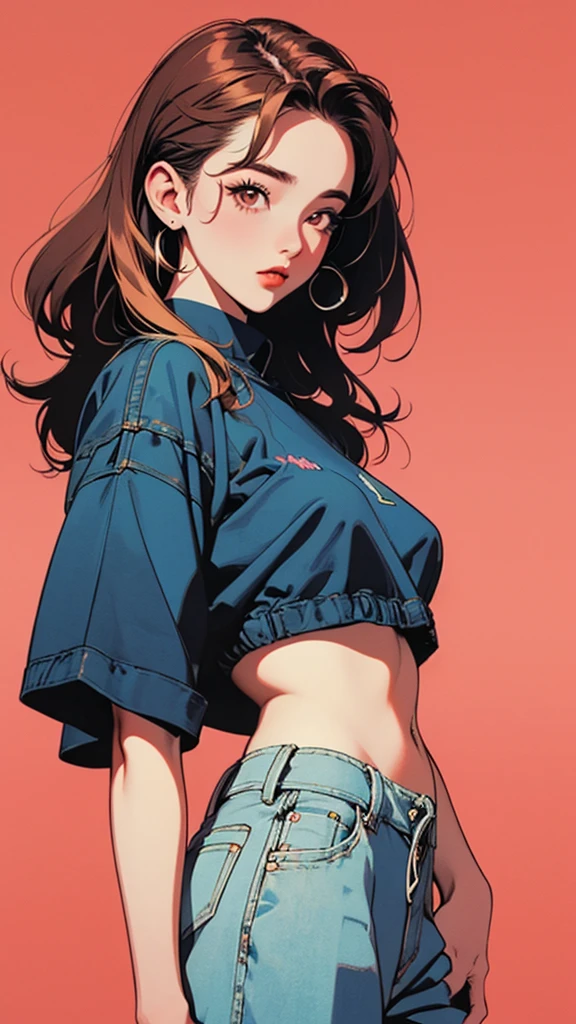 woman, 90's, retro, crop top, (flat colors, flat texture, lineart:1.2), , graphical design, 
1990s fashion、、Portraiture、Best image quality、masterpiece、Looking at the front、