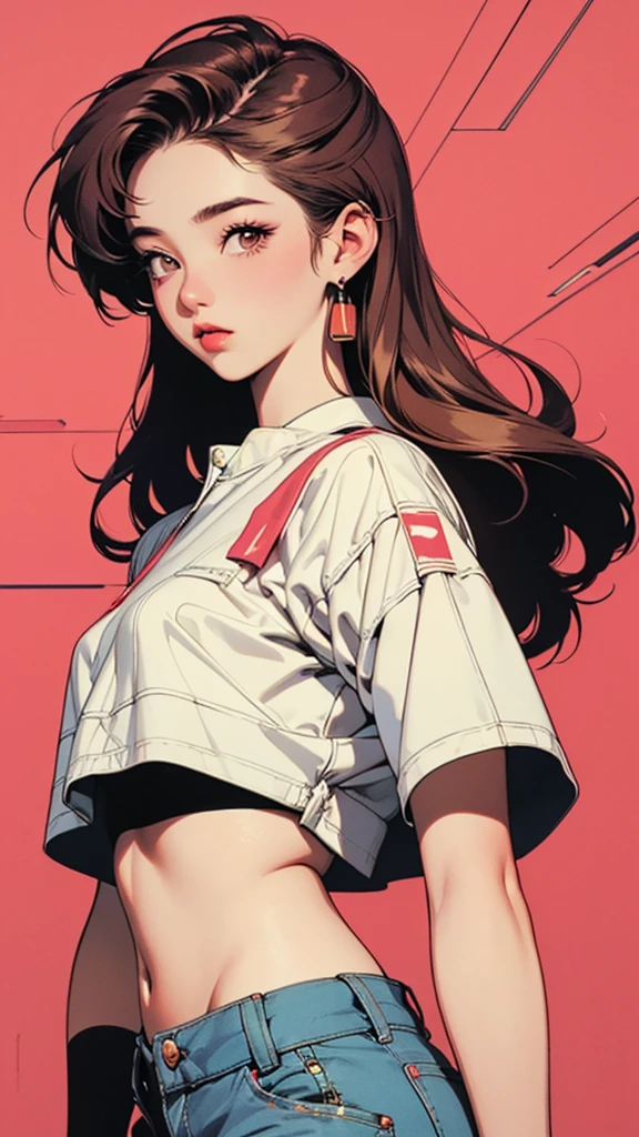 woman, 90's, retro, crop top, (flat colors, flat texture, lineart:1.2), , graphical design,
1990s fashion、15-year-old girl、Portraiture、Best image quality、masterpiece、Looking at the front、