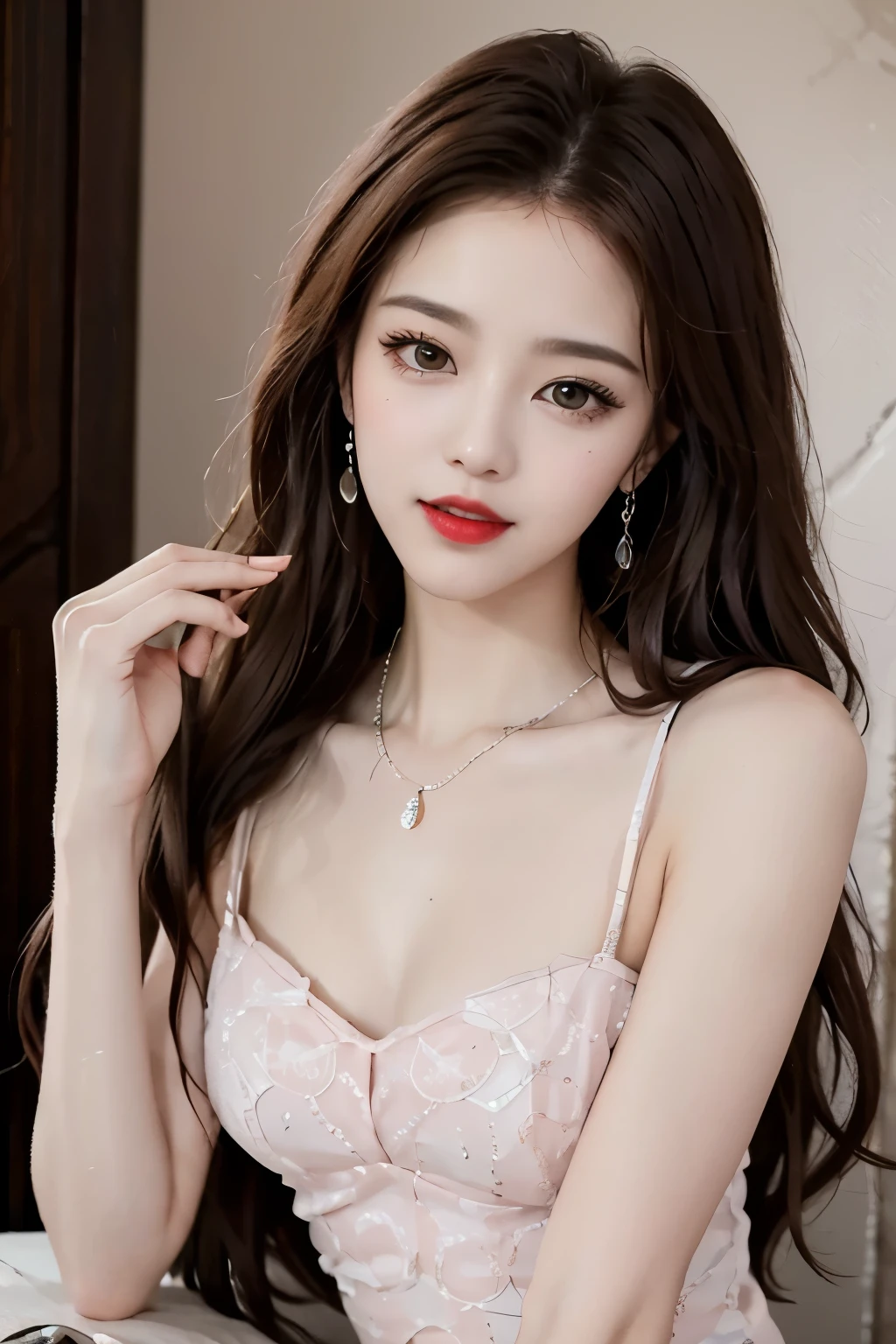 Sweet girl dress2,dress, phosphorus, 1 woman, fashion girl, red lips, mature woman, assembly, ((cowboy shot)), (현실적phosphorus), lean forward, (Sur현실적phosphorus + pure), Sophisticated and beautiful eyes, HD picture quality, Dynamic slope, high nose, Flare effect, 현실적phosphorus details, official art, masterpiece, unity 8k wallpaper, 아름다운 masterpiece, top quality, glowing skin, movie lights, Sweet and cute, long brown hair, Curly hair, warm tone, high saturation