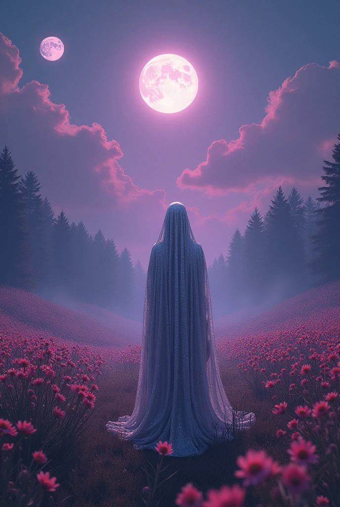 .

suddenly, found himself in a completely different place. I was in a vast meadow full of flowers that I had never seen before., with a deep purple sky and two moons shining overhead. In front of her was a tall, slender figure., with a silver cloak that shone in the moonlight.