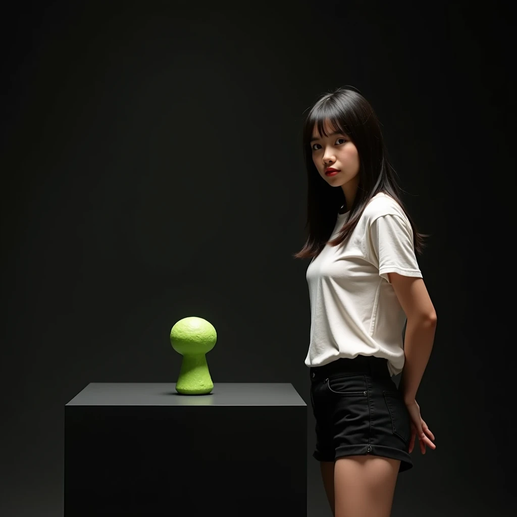 main item is a high ,black ,huge surface ,table displaying a very small green cude(size like a fist) with no shadow ,
and a 16years old ,,CUTE, BEAUTIFUL ,asian, with Bangs,white T shirt,black shorts, super huge boobs(34 E CUP) ,very white skin tone teenager standing next to it
and the whole body facing the camera
the back ground is a black wall
taking a realistic far view photo
