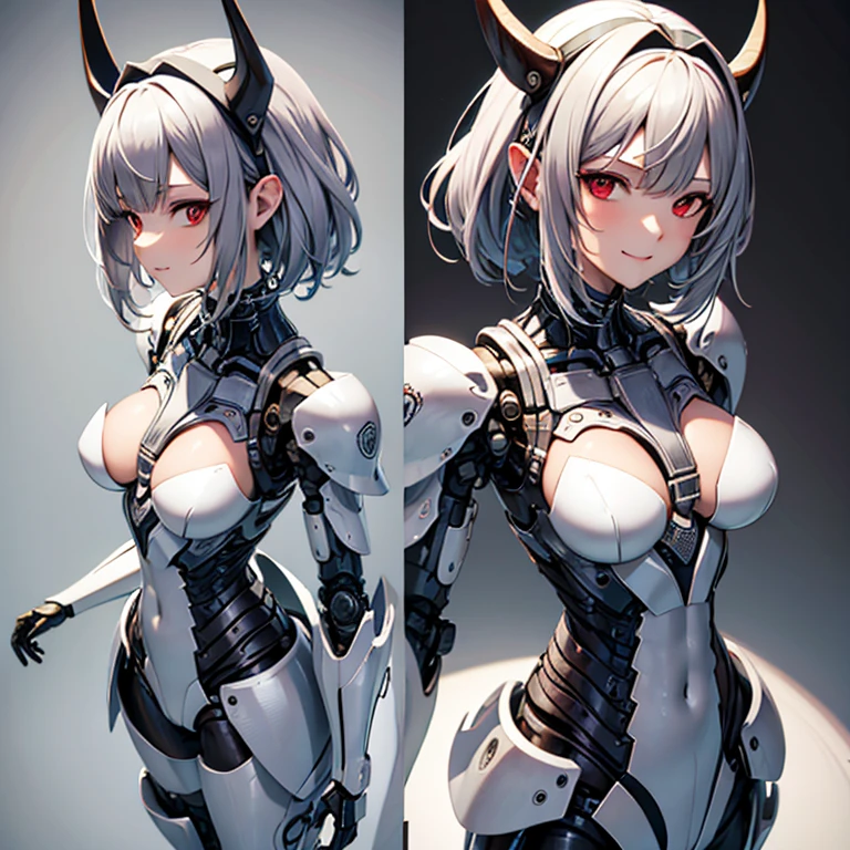 (最high quality, masterpiece), Standing girl, ((three views, Front, back and sides))), Character Sheet, whole body, Simple Background, High resolution, gauze, smile, Shortcuts, bangs, Red eyes, Headpiece, 目の間のbangs, head band, Horns of the beast, Accurate, Anatomically correct, Attention to detail, High resolutionモデル, high quality, Very detailed, Grey Hair, Silver Hair, Intersecting bangs, Hide your ears, Please open your mouth a little, Smiling with teeth showing, Slanted Eyes, bonus, Mole at the corner of the mouth, Feather Hair Accessories, Cast a Shadow, 8k octane, anime, Brown Skin, Bone wings on the back, Exposed , Shoulder Bare, Mechanical Limbs、