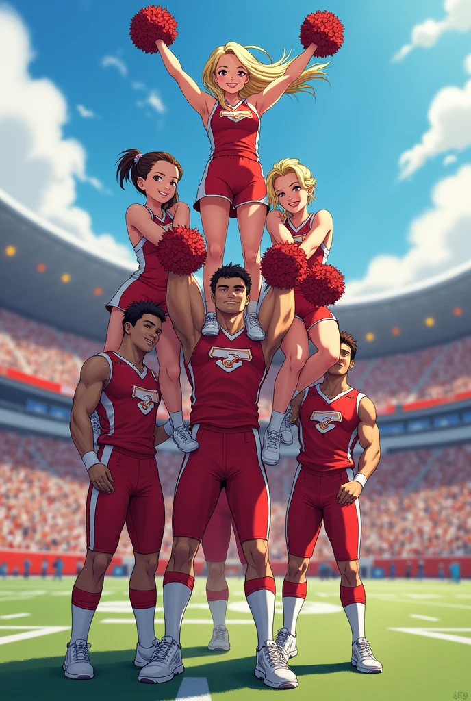 Group of Female cheerleader sitting on male cheerleaders shoulder in football sideline