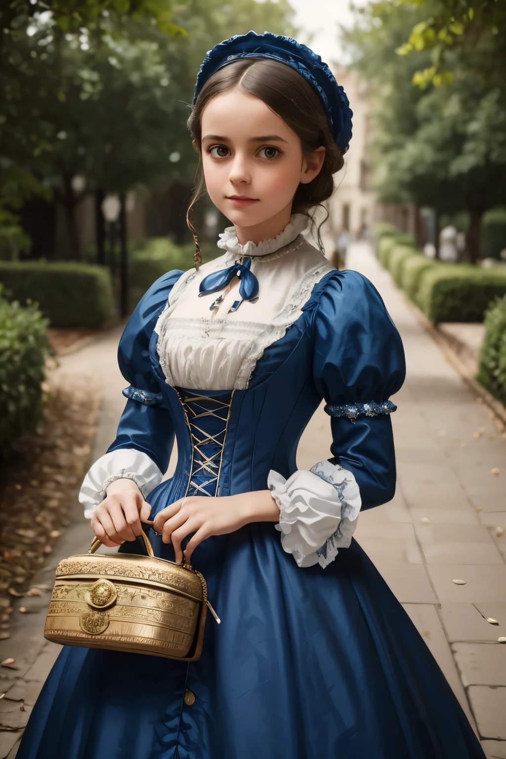 there is a young girl in a blue and white dress holding a purse, victorian style costume, victorian blue dress, victorian dress, dress in the style of rococo, historical baroque dress, victorian inspired clothing, rococo dress, wearing 1860s era clothes, wearing victorian clothes, wearing 1 8 5 0 s era clothes