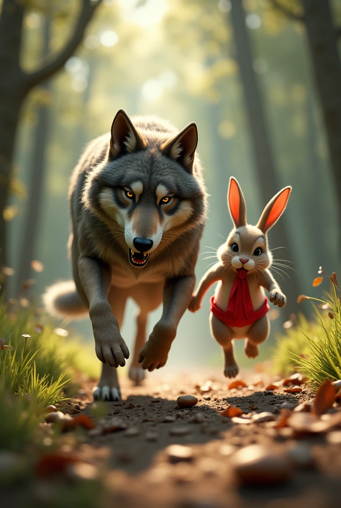 create a photo realistic digital art. 3D. 4k. scene has wolf chasing a rabbit. wolf is angry. rabbit stole a red bra and a panty on his mouth