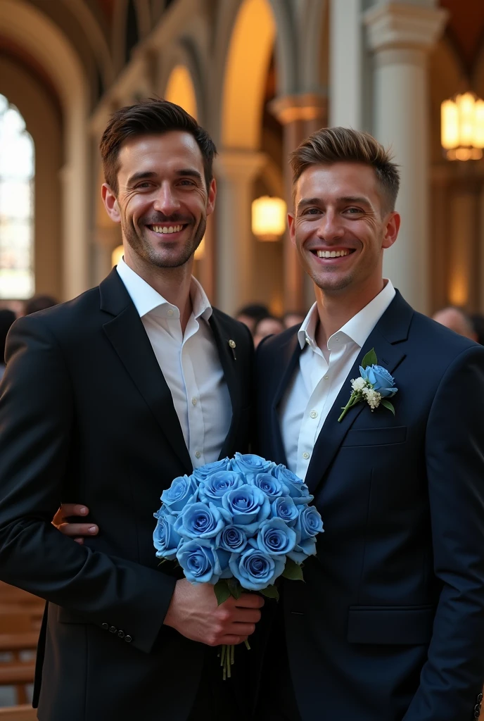 k hd,8K resolution,professional photoshooting,profesional lighting,two very attractive men,30 age old,brush cut,ssmile,tall and fit,cool guy,A person holds a bouquet of blue roses in his hand,Elegant suit sexy,Impressive appearance,In a luxurious and modern cathedral,The church was full of people and it was a happy, Perfect and highlight moments of their lives.,H super cannon,Details are delicate and perfect,best qualityer,delicated,highly detailed。Ultra-high resolution,Complicated detailinely detailled,physically-based renderingt,Good balance,edge lit,tack sharp focus,photograph of-realistic,photorealistic art,HDR,realistic model