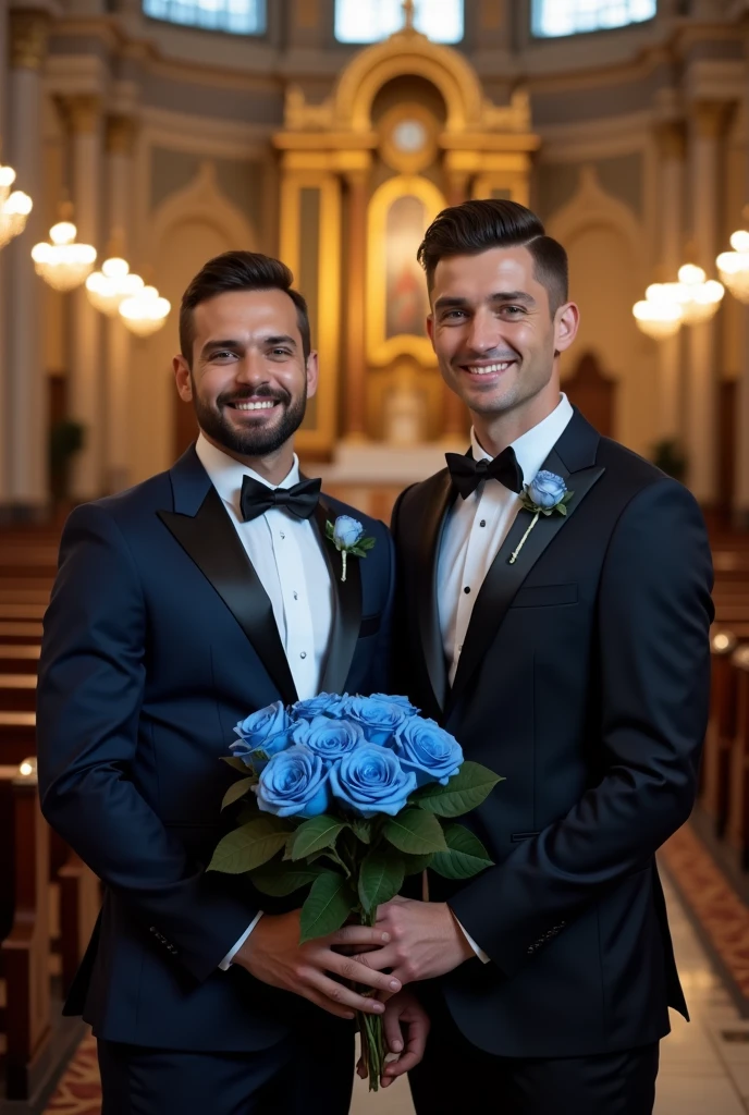 k hd，8K resolution，professional photoshooting，profesional lighting，two very attractive men，30 age old，brush cut，ssmile，tall and fit，cool guy，A person holds a bouquet of blue roses in his hand，Elegant suit sexy，Impressive appearance，In a luxurious and modern cathedral，The church was full of people and it was a happy, Perfect and highlight moments of their lives.，H super cannon，Details are delicate and perfect，best qualityer，delicated，highly  detailed。Ultra-high resolution，Complicated detailinely detailled，physically-based renderingt，Good balance，edge lit，tack sharp focus，photograph of-realistic，photorealistic  art，HDR，realistic model