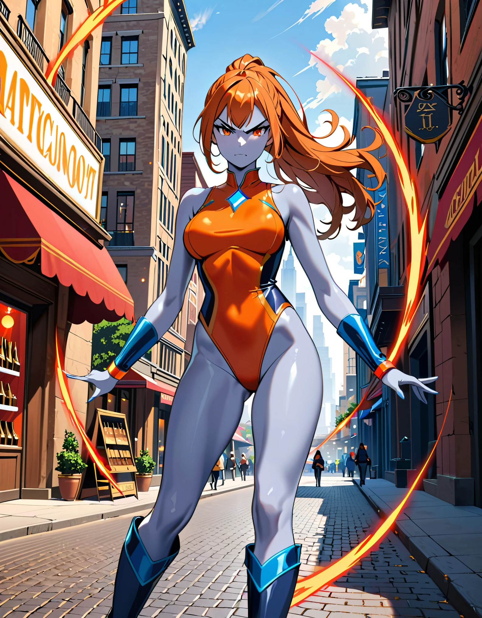 (masterpiece), (best quality), (high res), 1lady, tall body, finger proportions coordination, highly detailed, professional, (((silver skin))), beautiful detailed eyes, beautiful detailed face, perfect hands, complete fingers, (red wristbands), perfect anatomy, perfect proportions, (orange hair with orange accents, long hair, ponytail hair), (orange eyes), (two piece leotard, red leotard with blue accents, matching leotard, sleeveless), (bare legs), (boots, matching boots, knee-high boots, blue boots), breasts, medium breasts, full body with costume, looking away, angry, v-shaped eyebrows, solo, solo focus. cowboy shot, city backdrop, jewelry store, outdoors. standing, powering up. intense atmosphere. bullets bouncing off her body, covered in an intense circular red aura.