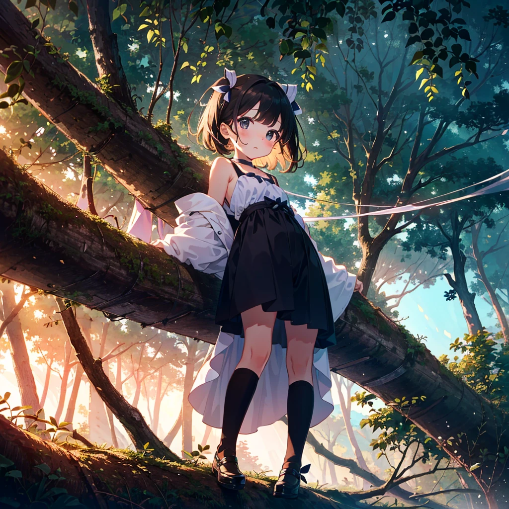 {{{Masterpiece, highest quality, high-resolution background}}}, bright and beautiful atmosphere, 1 girl (7 years old, round face, baby face), small breasts, easy-to-move clothes, girl climbing a thick tree, "deltamon_sdXL :0.73) >Deltamon”