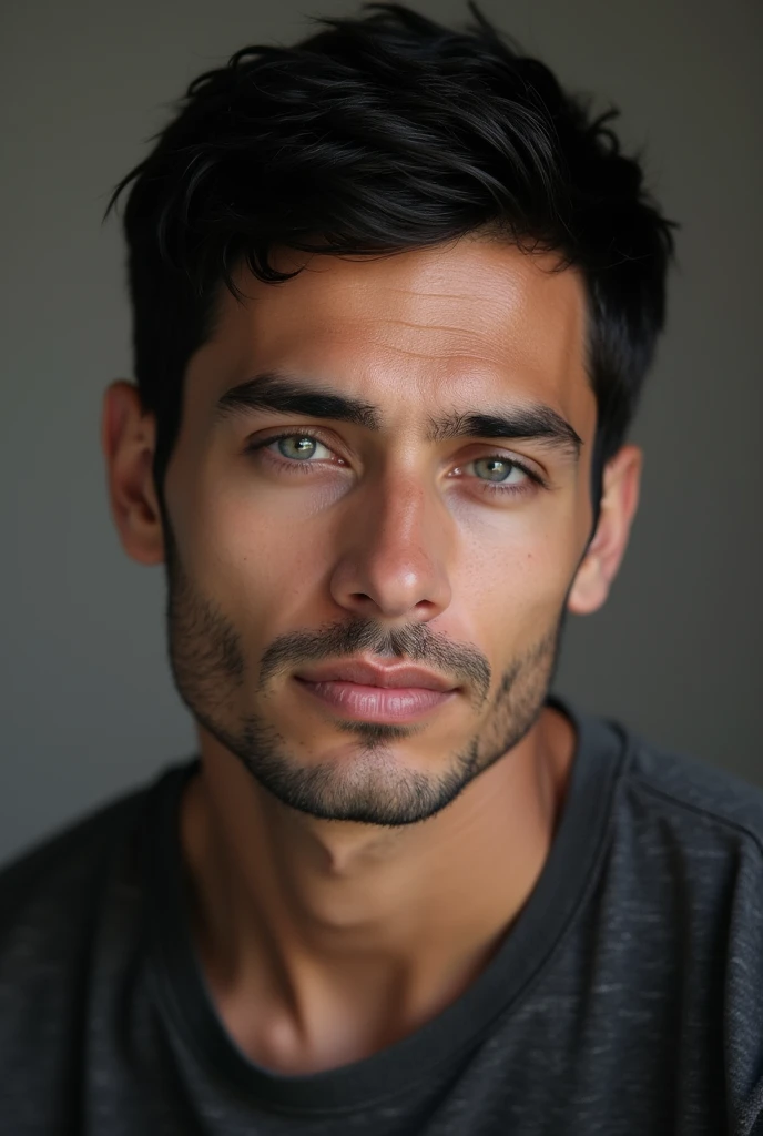 real man with black hair, grey eyes and fair skin