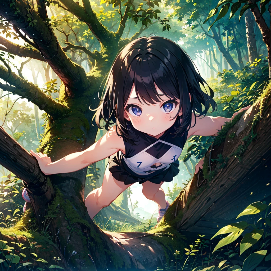 {{{Masterpiece, highest quality, high-resolution background}}}, bright and beautiful atmosphere, 1 girl (7 , round face, baby facebreasts, easy-to-move clothes, girl climbing a thick tree, "deltamon_sdXL :0.73) >Deltamon”