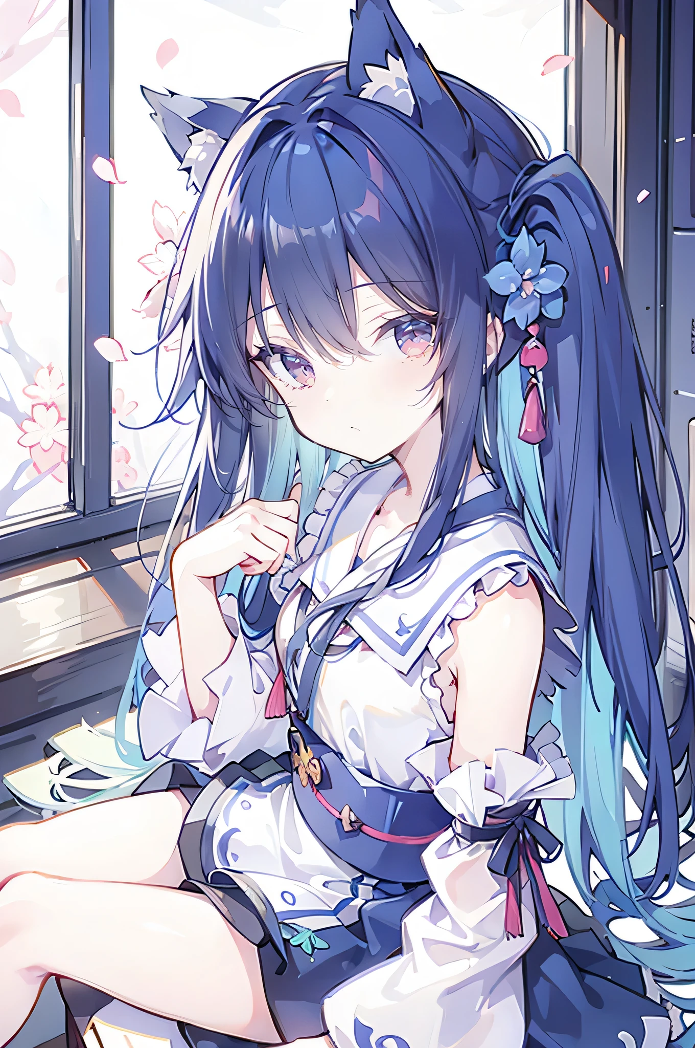 (masterpiece:1.2),Super detailed,lifelike,Expressive eyes,fair skin,perfect face shape,1 girl,
Japanese comics,Gorgeous blue hair,flowing blue hair,flowing clothes,Cat ears,Petals fall,beautiful lola,Baby Angel,
Shaking head with one hand,Cross your legs,,The pavilion is cool and comfortable,smile,back views,sunrise,Petals fall,sunrise,sitting on window sill drinking coffee and looking out the window。