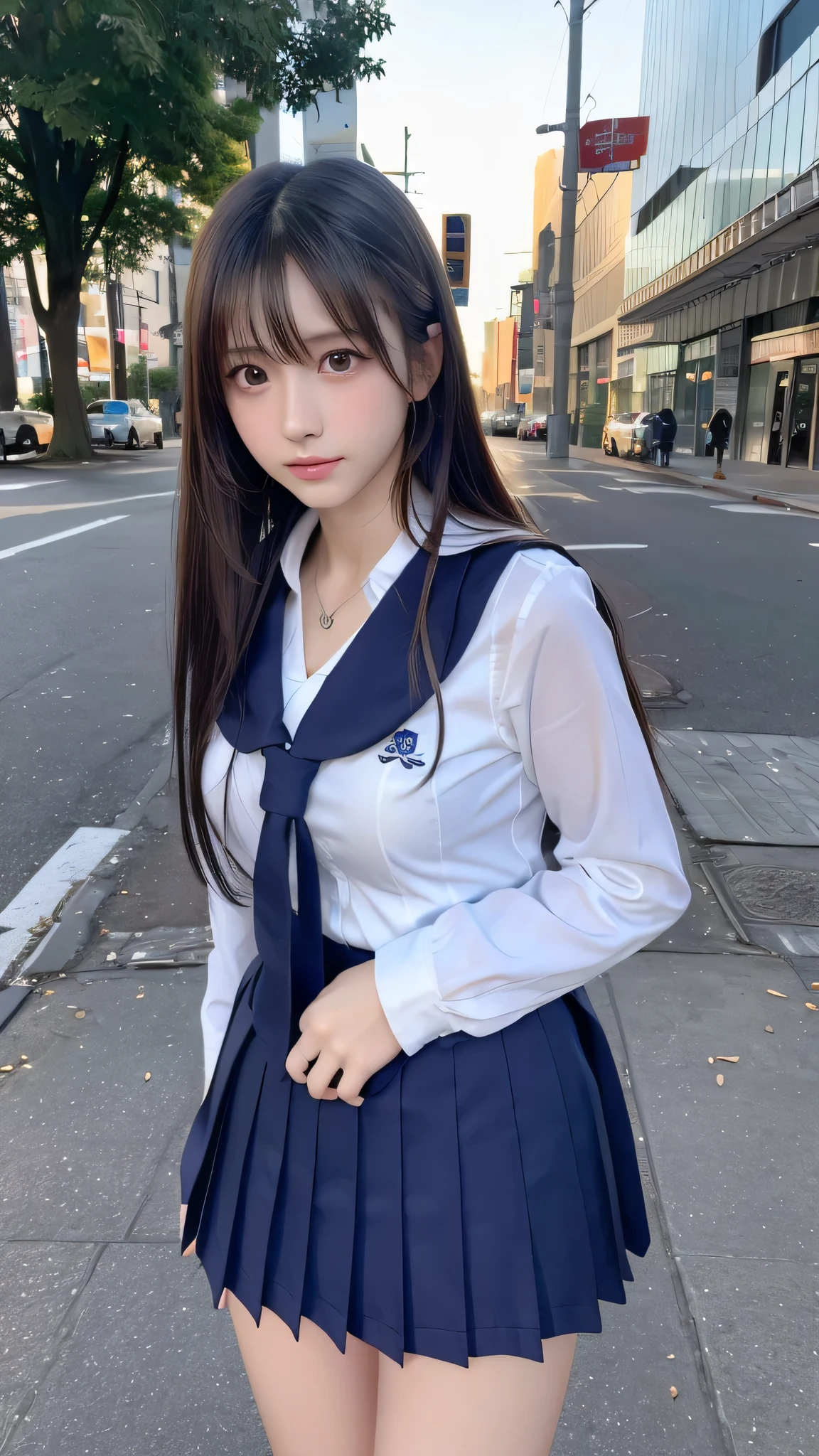 in 8K，photos realistic (1 Cute Japanese Idol ) low-tied long hair, Thin makeup, Medium chest size, Close-up portrait, nffsw、Punk Girl、Pendants,breasts deep cleavage、FULL BODYSHOT、beauty legs、Beautiful legs、16-year-old ,(Super beautiful girl:1.5)、(A detailed face)、Adult face、Bare legs, thighs、a closeup、full body Esbian、Nasty eyes、((Random poses:1.5)),((full shot:1.5)),((beautiful skin:1.5)) ,,((School uniform:1.5)),((Around town)),((Date in the city:1.5))