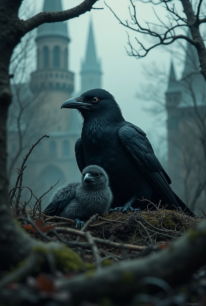 Crow bird with her child,in a gothic landscape