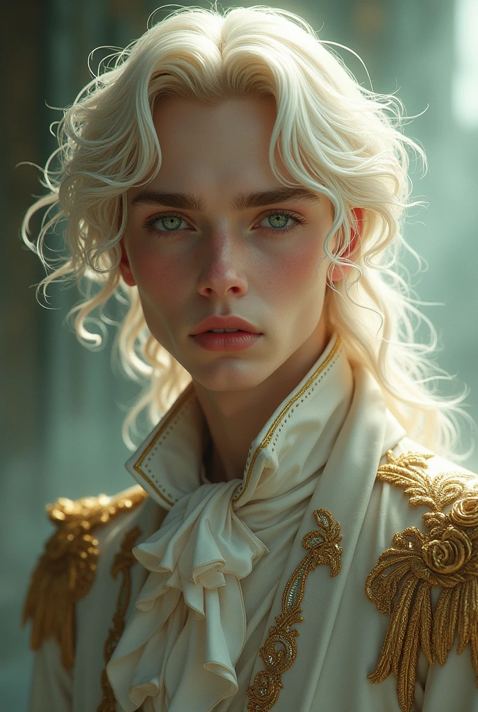 Man in his 20s, Soft platinum blonde hair, light green eyes, languid eyes, A handsome man with fair and beautiful skin, Nobility, Holy Appearance, bust, expressionless, Aristocratic attire, fantasy
