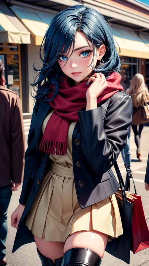 Masterpiece, raw,  beautiful art, professional artist, 8k, art style by sciamano240, very detailed face, very detailed hair, 1 mature woman, perfectly drawn body, beautiful face, long hair, light blue hair , very detailed blue eyes, pouty lips , rosey cheeks, intricate details in eyes, playful smile, looking directly at viewer , in love with viewer expression, wedding ring , lipstick, very close up on face, sunny fall day, out shopping, wearing cute fall clothes, leather coat, scarf, short skirt, thigh boots,  rear view,