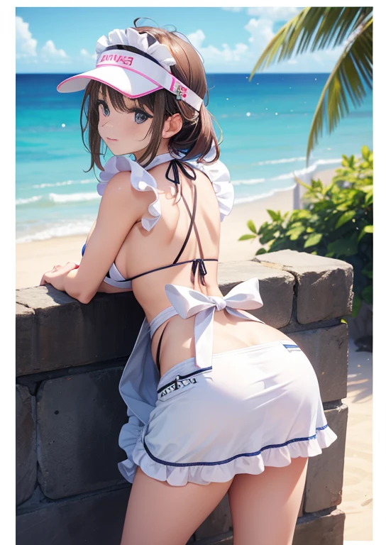 Turning around beauty,(Apron:1.4), worn over string bikini,seaside,visor