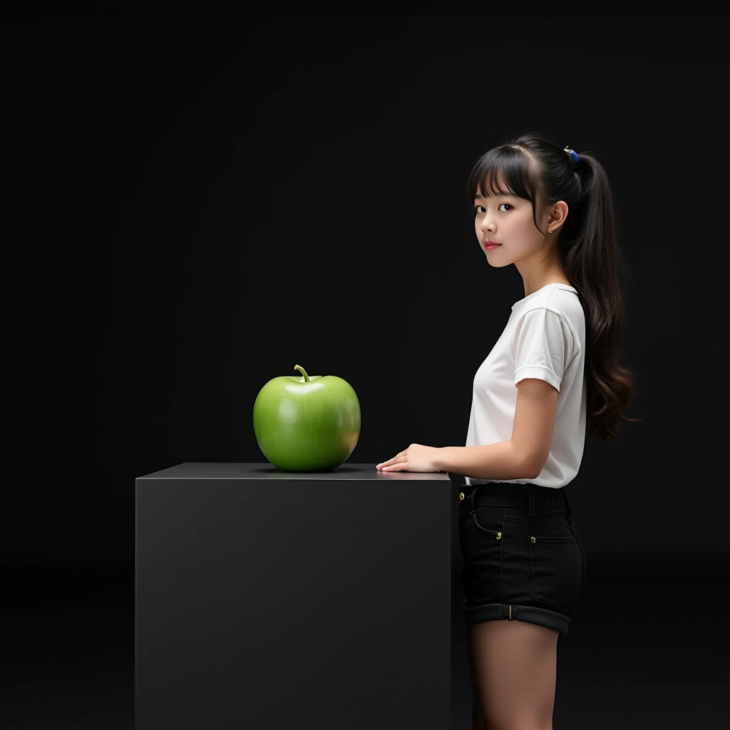 main item is a high ,black ,huge surface ,table displaying a very small green cude(size like a fist) with no shadow ,
and a 16years old ,,CUTE, BEAUTIFUL ,asian, with Bangs,white T shirt,black shorts, super huge boobs(34 E CUP) ,very white skin tone ager standing next to it
and the whole body facing the camera
the back ground is a black wall
taking a realistic far view photo