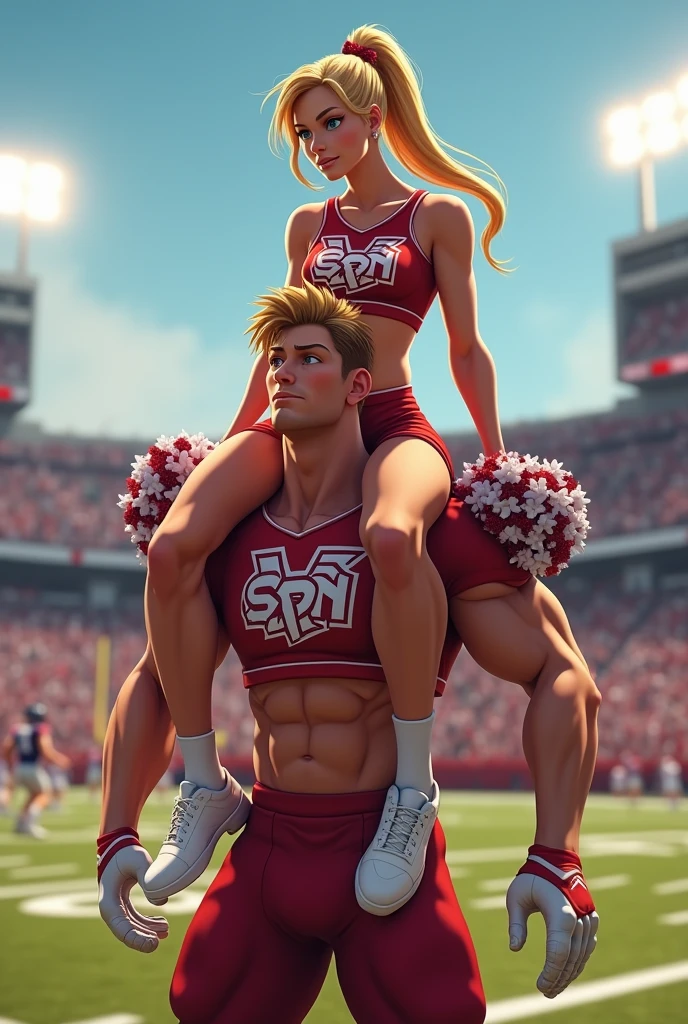  Female cheerleader sitting on male cheerleaders shoulder in football sideline
