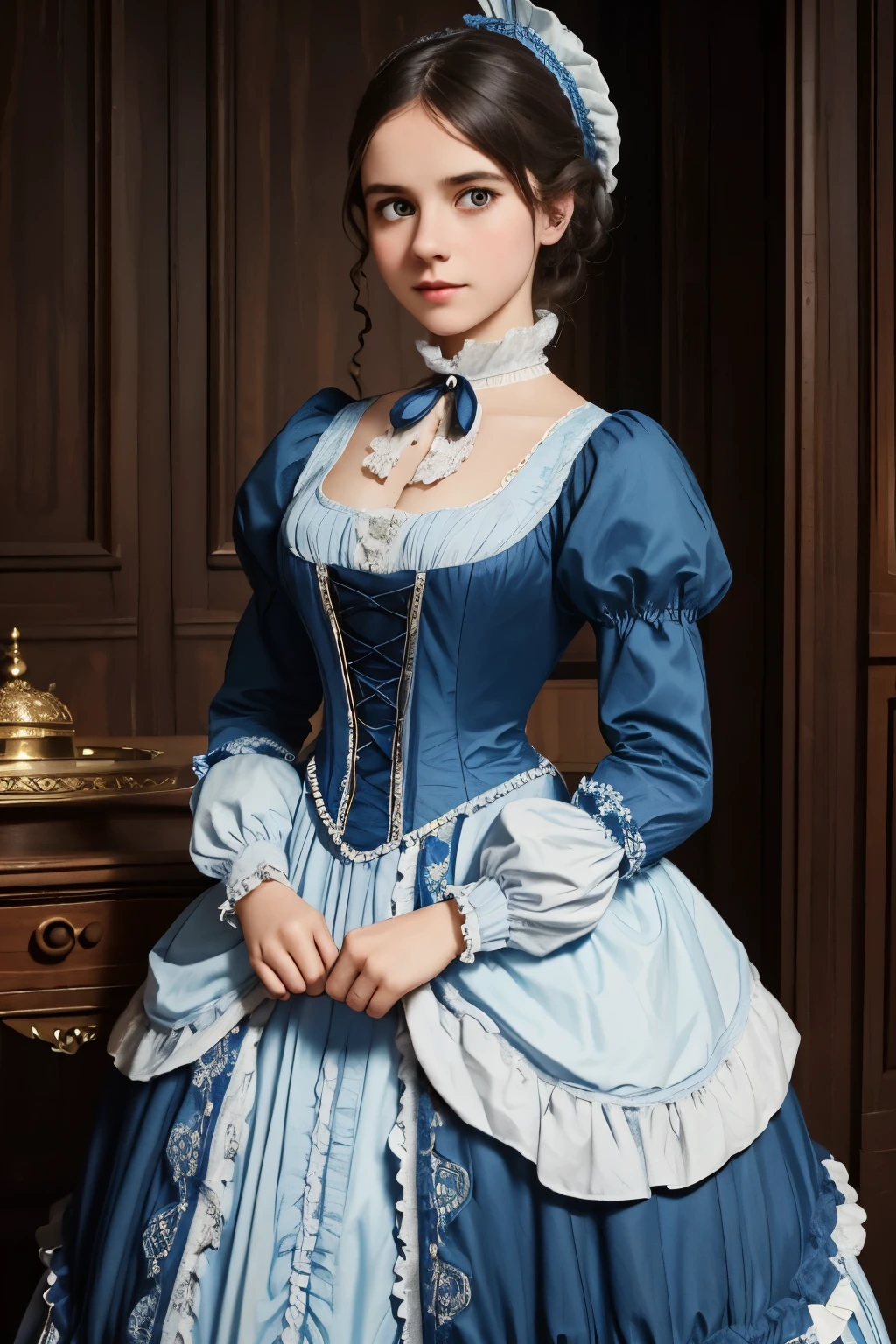 there is a young girl in a blue and white dress holding a purse, victorian style costume, victorian blue dress, victorian dress, dress in the style of rococo, historical baroque dress, victorian inspired clothing, rococo dress, wearing 1860s era clothes, wearing victorian clothes, wearing 1 8 5 0 s era clothes