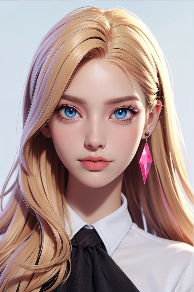 masterpiece, best quality,3d rending work,3DMM style, close-up, portrait, 3D,1girl, solo, perfect face, long hair, academy blue school uniform , long light blonde hair dyed with tint of pink color and with cute fluffy bangs well styled, hair dyed with pink color, detailed light blue eyes highlight light reflecting in her eyes, looking straight to the viewer, realistic, upper body, white background, colorful lighting, lips, edgy makeup, black shade of makeup on eyelids, ear piercing, fair skin, perfect hourglass body, she has sharp jawline, photo card, The artwork should have the best quality, with ultra-detailed and realistic features. The color palette should be vivid, and the lighting should emphasize the character's facial structure and expression.