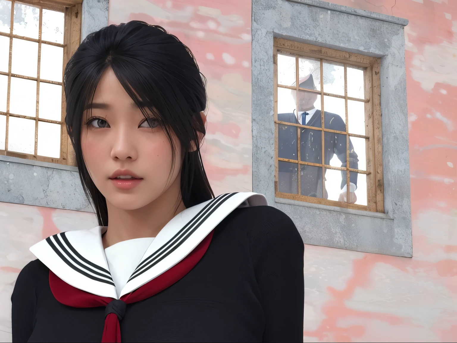 (Detailed CG、Unity、8k wallpaper)、(Very delicate and beautiful)、(masterpiece)、(Highest quality:1.2)、(Ultra-high resolution:1.3)、(Beautiful realistic Asian),Beautiful lighting、Perfect Lightning、Realistic Shadows、Fine skin、Very detailed、Detailed face and eyes、Realistic eyes、Sharp pupils、Huge , In the classroom、School、sunset、Beautiful Face、Blurred Background、(Japanese women)、Glowing Skin、Side Up、Beautiful black hair、Blunt bangs、Japan High School Sailor Uniform、Pleated mini skirt、A kind smile, ((Tabletop, Highest quality)), (Glowing Skin), Cinema Lighting, Physically Based Rendering, Award-winning, Very detailedな肌, Very detailedな顔, Beautiful eyes in every detail, Carl Zeiss 85mm F/1.4, (Cowgirl:1.3), (cumin , Chest and thighs), she'Very cute 16 years old , (Brown Hair, Straight Long Hair, Open your eyes, Round face), Big cleavage, (Sailor blouse, I pulled up my pleated skirt myself:1.3), Watching from afar, (Spread your legs, Focus on the thighs),art、
