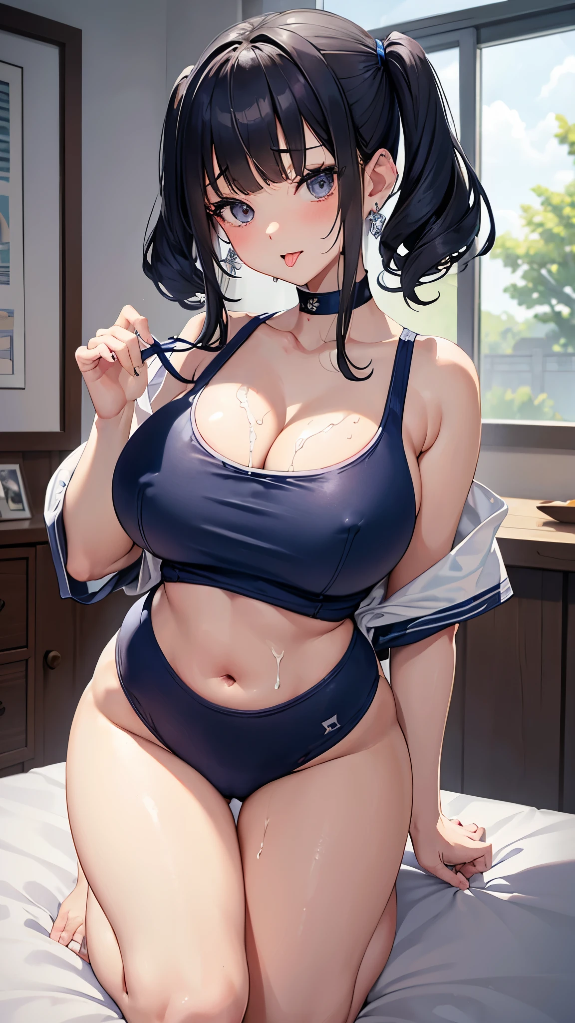 (masterpiece、Highest quality、Very detailed))、One Girl、Black Hair、short hair、Twin tails、Blunt bangs、Wavy Hair、Grey Eyes、((Open your mouth))、((Cum on tongue))、((Lots of earrings))、((Very large breasts))、((navy blue school swimsuit))、Cleavage、Off the shoulder、((Thick waist))、Thighs、Kneel、On the bed、Bedroom Background、Sideboob