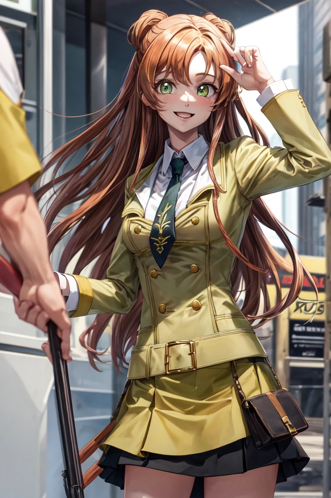 masterpiece, best quality,score_9, score_8_up, score_7_up, score_6_up, score_5_up, score_4_up,masterpiece, best quality,masterpiece, Highest quality, High resolution, Humusil, Long Hair, Green Eyes, school uniform, Yellow Jacket, Black Skirt, tie, Pleated skirt, Cowboy Shot, Outdoor, smile,