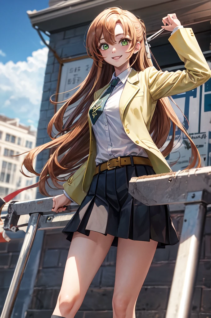 masterpiece, best quality,score_9, score_8_up, score_7_up, score_6_up, score_5_up, score_4_up,masterpiece, best quality,masterpiece, Highest quality, High resolution, Humusil, Long Hair, Green Eyes, school uniform, Yellow Jacket, Black Skirt, tie, Pleated skirt, Cowboy Shot, Outdoor, smile,