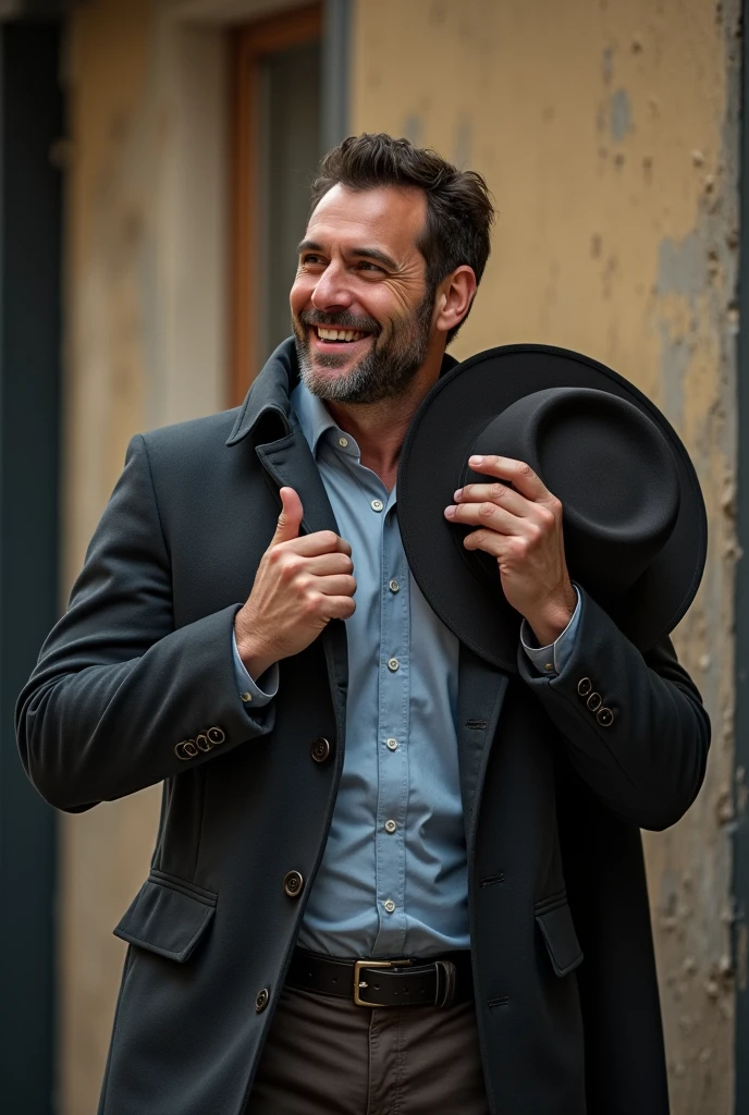 A man took of his coat and hat ,then started to do the task with a lift of his chin and a bit of a grin
