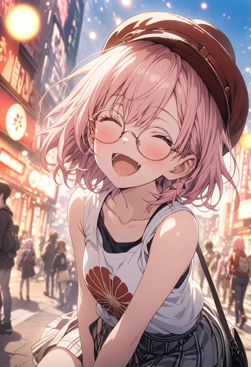 Two Girls, masterpiece, Highest quality, Highly detailed CG Unity 8k wallpaper, Anime illustration. Wear an oversized tank top, She is wearing a red and black checked skirt.., paw poseのポーズ, She closes her eyes and opens her mouth wide, smile. Pink Hair Color, Light purple eyes,Short Bob,Round Glasses, Bokeh, Street Style Fashion, Wear a hat, Shoulder bag included, Lens flare, The rising sun, Pink Sky, The background is the cityscape, Bokeh photo, (Soft Focus): 1.2, Out of focus highlights, Dreamy atmosphere, Fascinating Depth