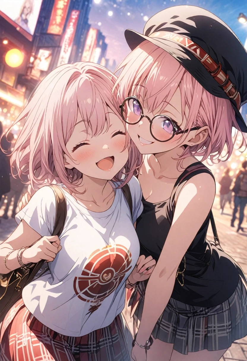 Two Girls, masterpiece, Highest quality, Highly detailed CG Unity 8k wallpaper, Anime illustration. Wear an oversized tank top, She is wearing a red and black checked skirt.., paw poseのポーズ, She closes her eyes and opens her mouth wide, smile. Pink Hair Color, Light purple eyes,Short Bob,Round Glasses, Bokeh, Street Style Fashion, Wear a hat, Shoulder bag included, Lens flare, The rising sun, Pink Sky, The background is the cityscape, Bokeh photo, (Soft Focus): 1.2, Out of focus highlights, Dreamy atmosphere, Fascinating Depth