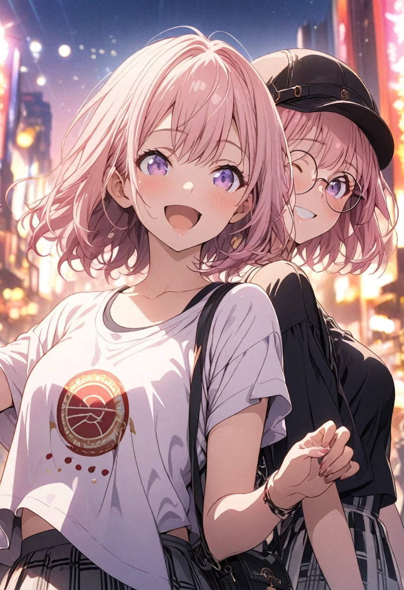 Two Girls, masterpiece, Highest quality, Highly detailed CG Unity 8k wallpaper, Anime illustration. Wear an oversized tank top, She is wearing a red and black checked skirt.., paw poseのポーズ, She closes her eyes and opens her mouth wide, smile. Pink Hair Color, Light purple eyes,Short Bob,Round Glasses, Bokeh, Street Style Fashion, Wear a hat, Shoulder bag included, Lens flare, The rising sun, Pink Sky, The background is the cityscape, Bokeh photo, (Soft Focus): 1.2, Out of focus highlights, Dreamy atmosphere, Fascinating Depth