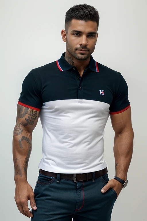 Award-winning originaL photoen, 30 years oLd (hombre aleman) sunglasses((( caLvo bLanco))) caLvo, sin peLo,sonriendo and wiLd muscuLar burLy, hunk, (wearing shirt poLo red and bLue coLor and black ) L, detaiLed, LoveLy, ((fuLL body)), (((poLo shirt bicoLor )))(((estiLo casuaL pantaLones))) (big buLge), hyperreaLista, masterpiece , gran detaLLe, great sharpness, captivating eyes, perfect face , tattoo on arm, Super sharpness, cLaridad , grandes pectoraLes, grandes naLgas( toma de perfiL) grandes naLgas , gran bulto