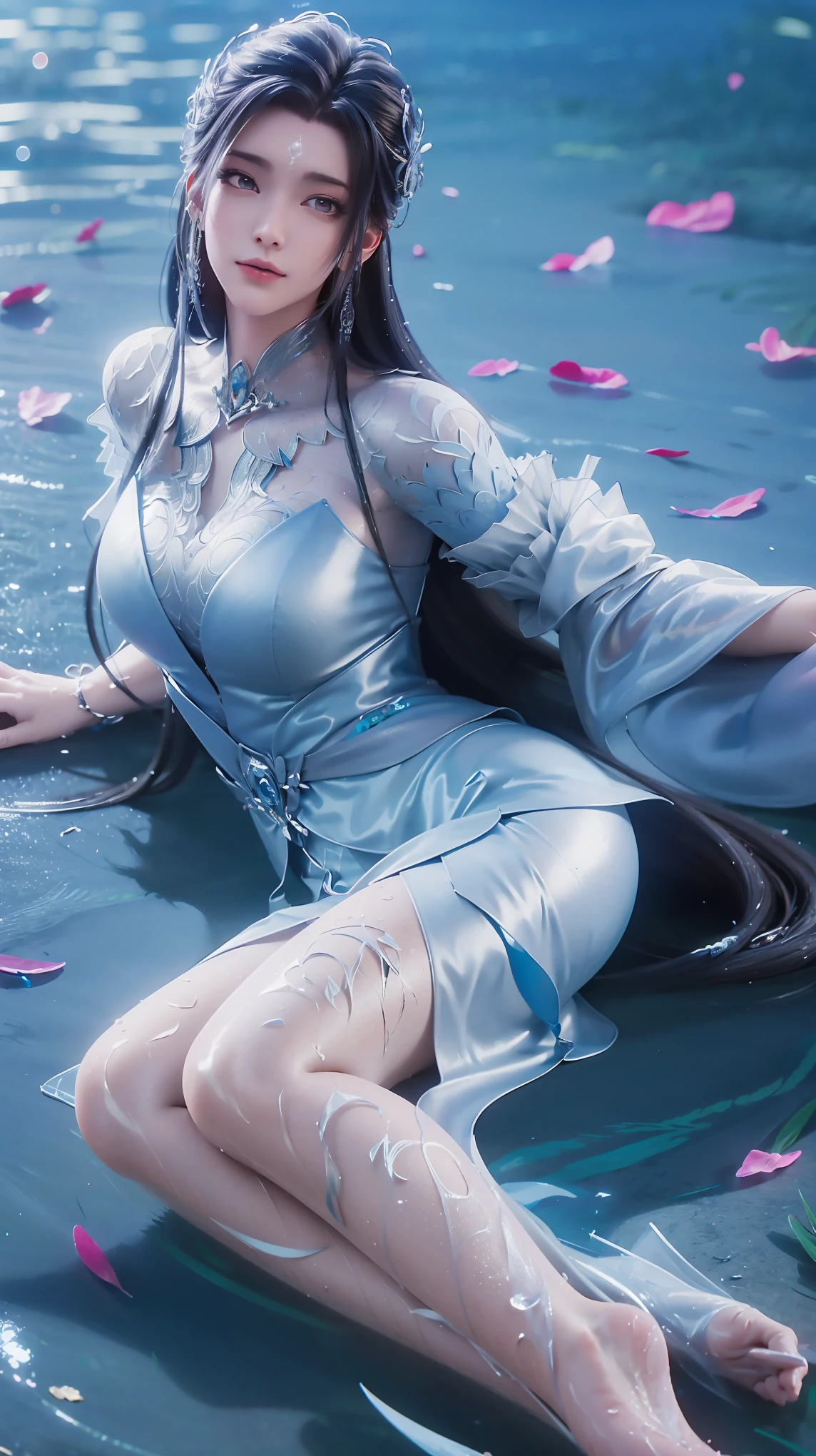 a girl lying on a bed under the starry sky, delicate smile, beautiful detailed eyes, beautiful detailed lips, extremely detailed face and eyes, long eyelashes, voluptuous figure, flowing hair, navel, best quality, masterpiece, super high resolution, (photorealistic:1.4), RAW photograph, (beautiful face:1.2), (lying on water surface:1.5), 1 girl, (surreal), (8K), (4K), physically-based rendering, starry sky, ((full body shot)), bare feet, cross-legged