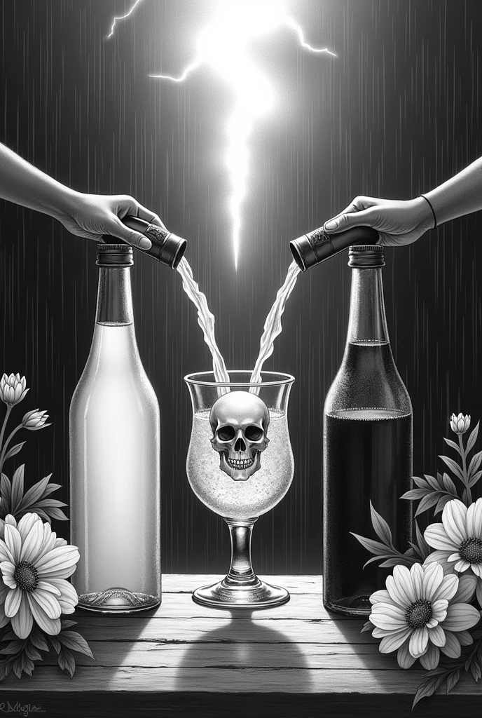 a bottle of lemonade and a bottle of whisky! pour a glass at the same time. from right and left. On the glass is a skull emblem. in the glass are ice cubes . It's raining in the background. Sun rays shine. There is a lot of lightning. The picture is a black and white.. Fashionable flowers are on the edge.Picture is a drawing