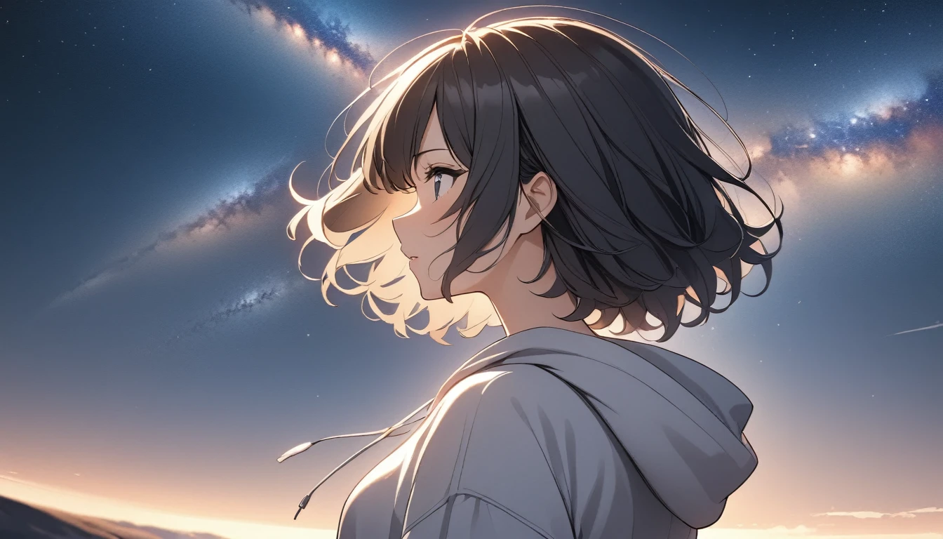 Starry Sky、milky way、One woman、Black Hair、Short Hair、Hair blowing in the wind、profile、Wearing a hoodie、Back view、Upper Body、Low - Angle