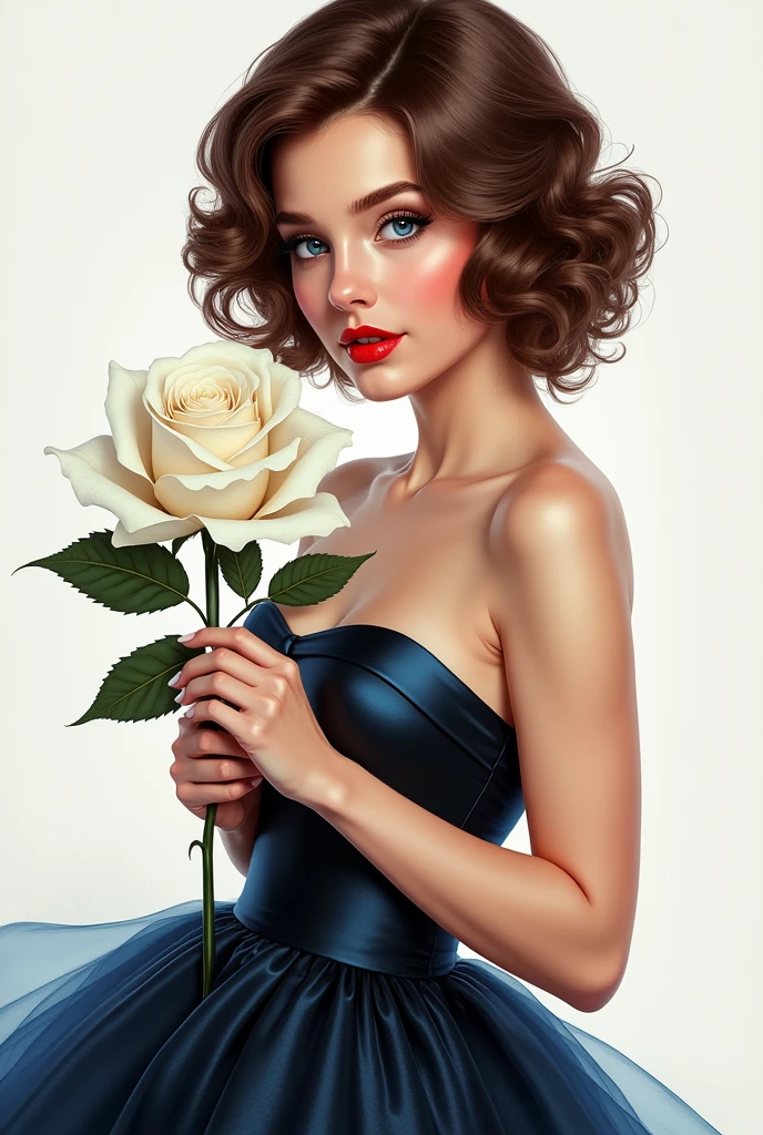 Create a highly detailed hyperrealistic drawing of a short brown wavy haired woman with blue eyes red lips wearing a shiny black high blue satin dress holding a white rose