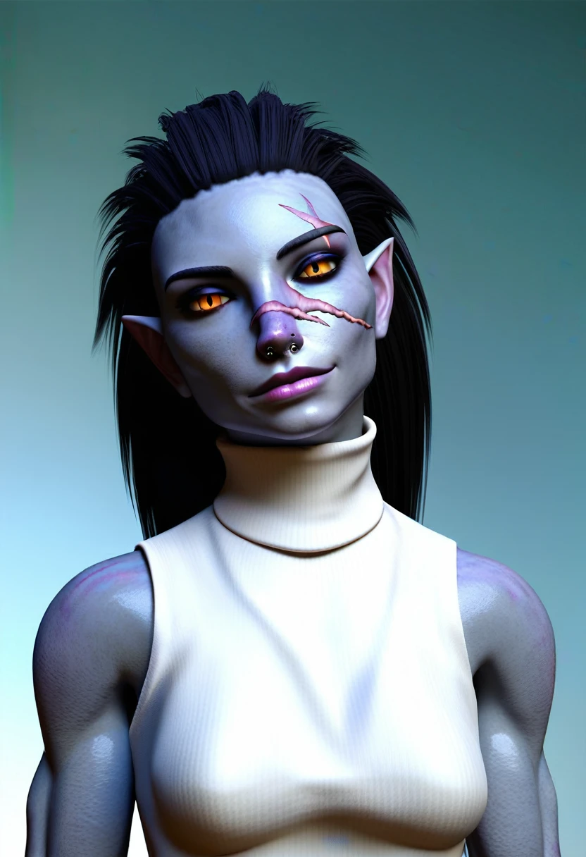 score_9, score_7_up, zhaleh, 1girl, solo, monster girl, grey skin, scar on nose, turtleneck sweater, sleeveless, portrait, toned, gradient background, 3d, head tilt, looking at viewer
