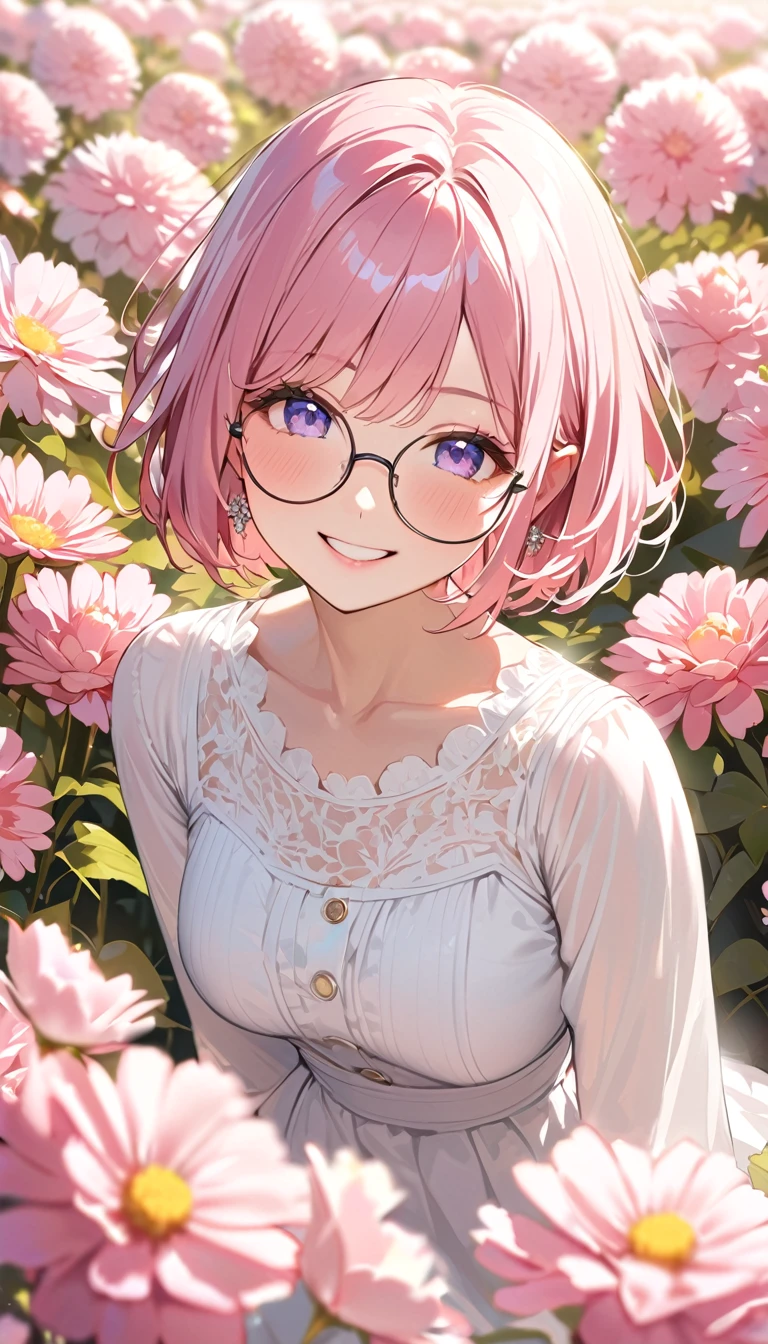 Super Detail, Highest quality, woman , A big smile, Pink Hair,Short Bob,Round Glasses, Dress neatly, An atmosphere of joy ,Flower Field,成熟したwoman