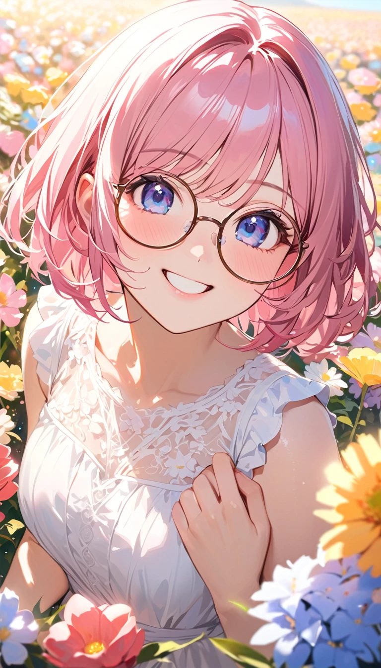 Super Detail, Highest quality, woman ,　A big smile, Pink Hair,Short Bob,Round Glasses, Dress neatly,　An atmosphere of joy ,Flower Field,成熟したwoman