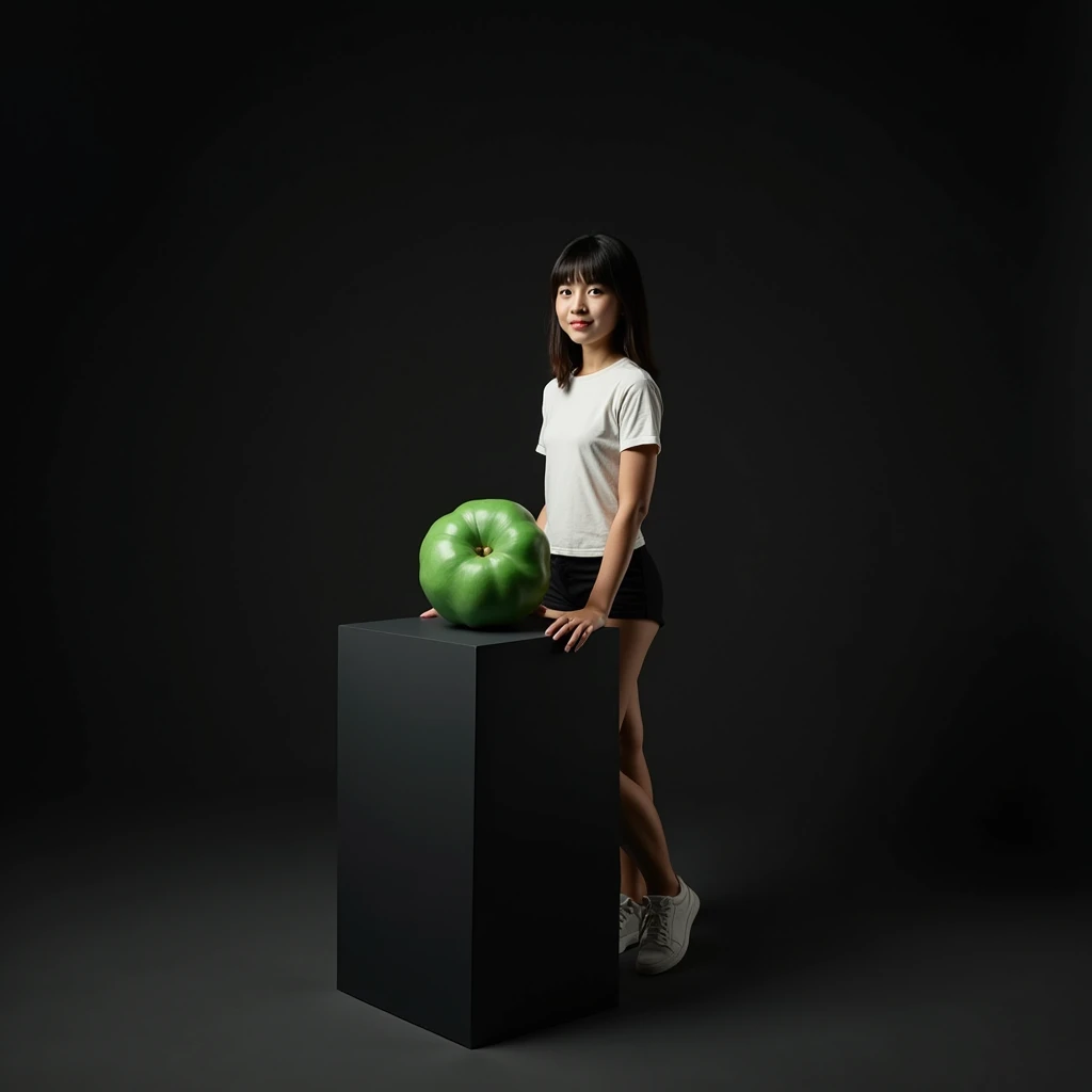 main item is a high ,black ,huge surface ,table displaying a very small green cude(size like a fist) with no shadow ,  
and a ars old ,,CUTE, BEAUTIFUL ,asian, with Bangs,white T shirt,black shorts, super huge boobs(34 E CUP) ,very white skin tone teenager standing next to it 
and the whole body facing the camera
the back ground is a black wall
taking a realistic far view photo