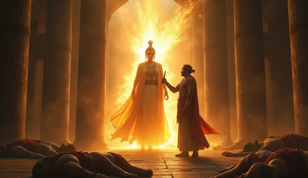 The moment just before the king is about to sacrifice himself. The king stands in the temple with a sword raised, his expression one of resignation. Suddenly, the goddess Devi appears, glowing with divine light, holding the king’s hand to stop him. The bodies of Veeravar and his family lie