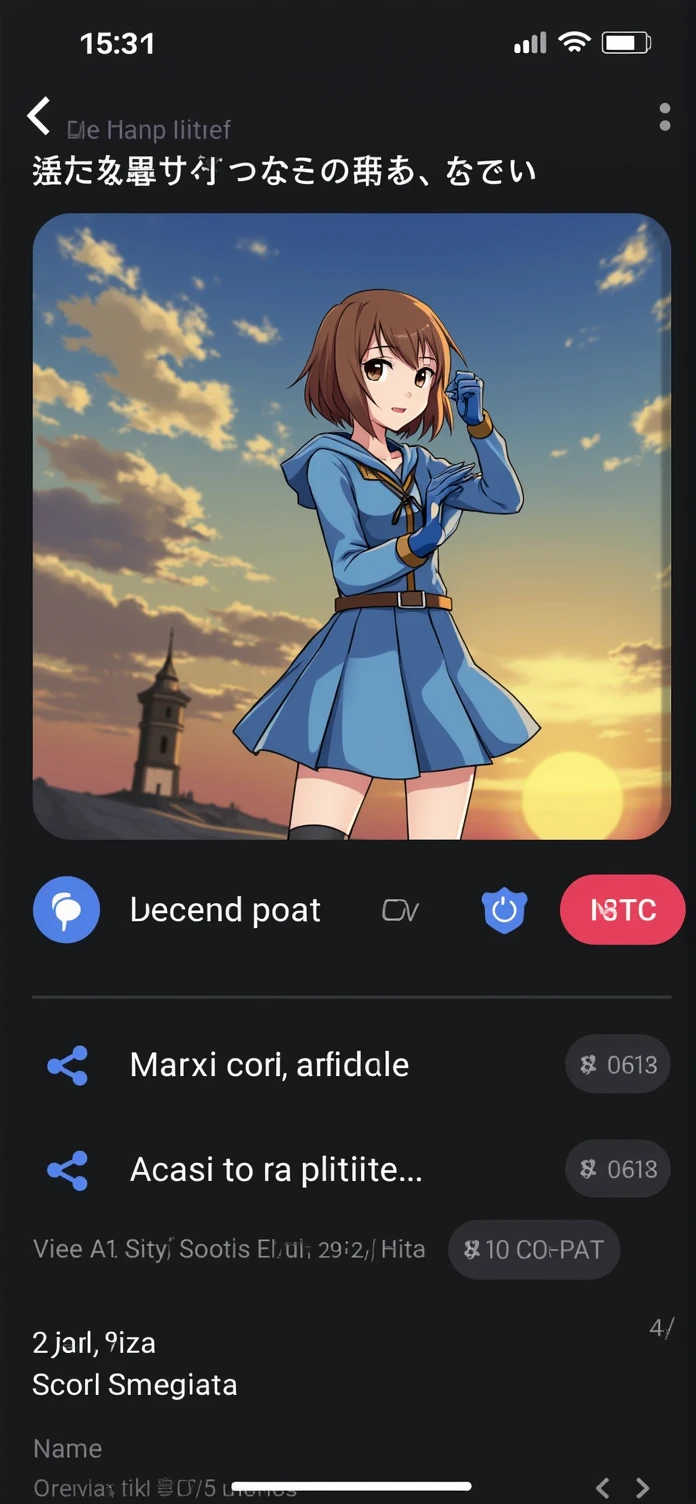 looking at viewer,smile,
1girl,brown hair,brown eyes,short hair,
hood,
blue_dress,long_sleeves,
blue gloves,
spats,
knee_boots,
sunset,
full body,stylish_pose,