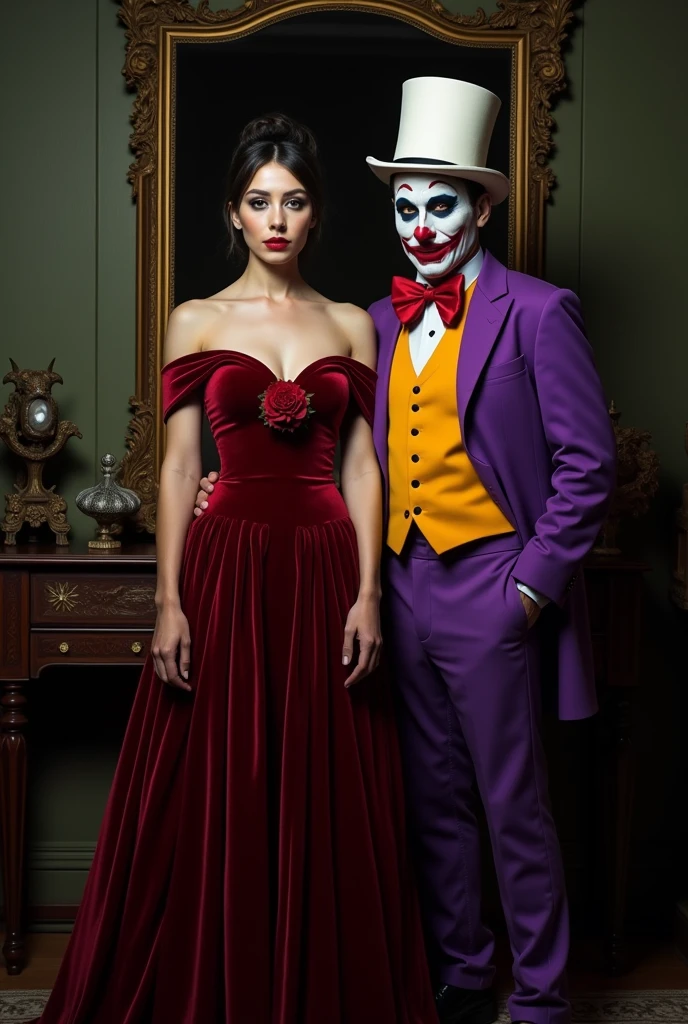 Girl in elegant clothes and a boy dressed as a clown in a scary place